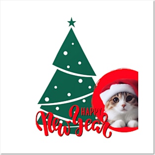 Cute Cat in Santa Hat Happy New Year ,Brafdesign Posters and Art